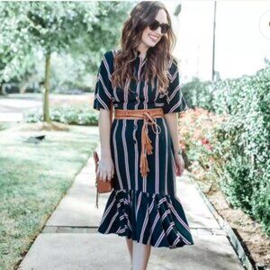 Tome Pre-Fall 2018 Runway Short Sleeve Striped Green Midi Shirt Dress S $950